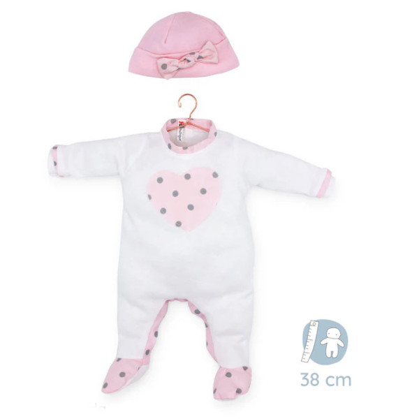 Pajamas for a doll, white and pink with a heart, 38 cm