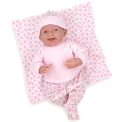 Lalka Bobas w różowej piżamce + kocyk, smoczek i butelka La Newborn