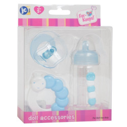 Smoczek, butelka i grzechotka dla lalki w kolorze niebieskim- zestaw akcesoriów JC Toys 81062