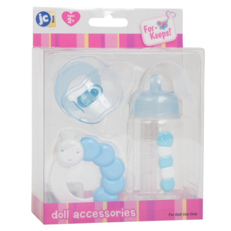 Smoczek, butelka i grzechotka dla lalki w kolorze niebieskim- zestaw akcesoriów JC Toys