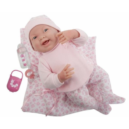 Lalka Bobas w różowej piżamce + kocyk, smoczek i butelka - La Newborn