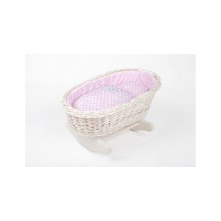 Wicker cradle for a doll, pink bedding