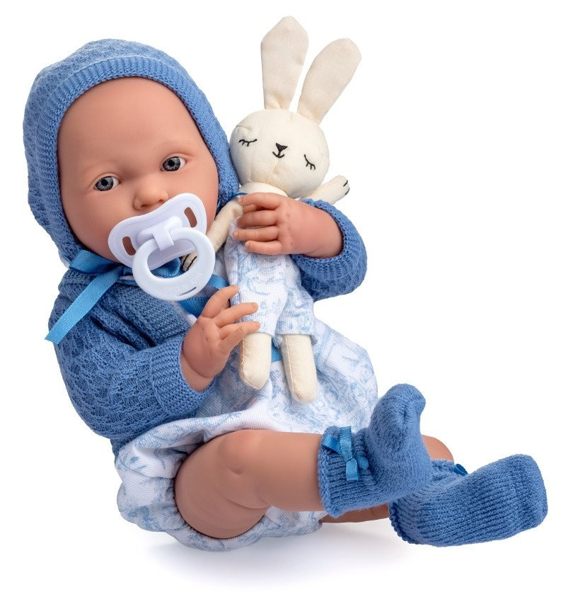 Hiszpańska lalka bobas - Niebieski pajacyk oraz maskotka króliczek - 38 cm