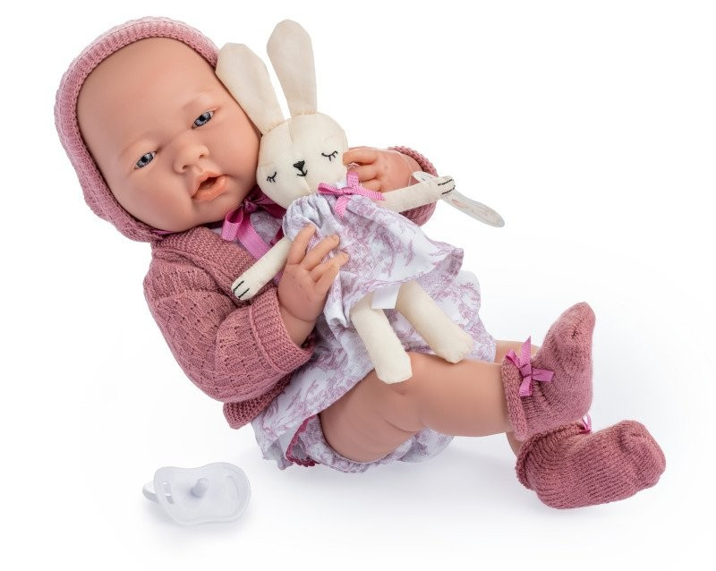 Hiszpańska lalka bobas - Różowy pajacyk oraz maskotka króliczek - 38 cm