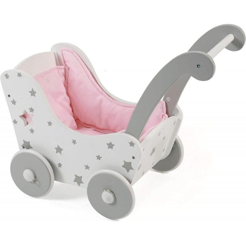 Drewniany wózek dla lalek, różowy materac , popielate gwiazdki - Bayer Chic 425 95
